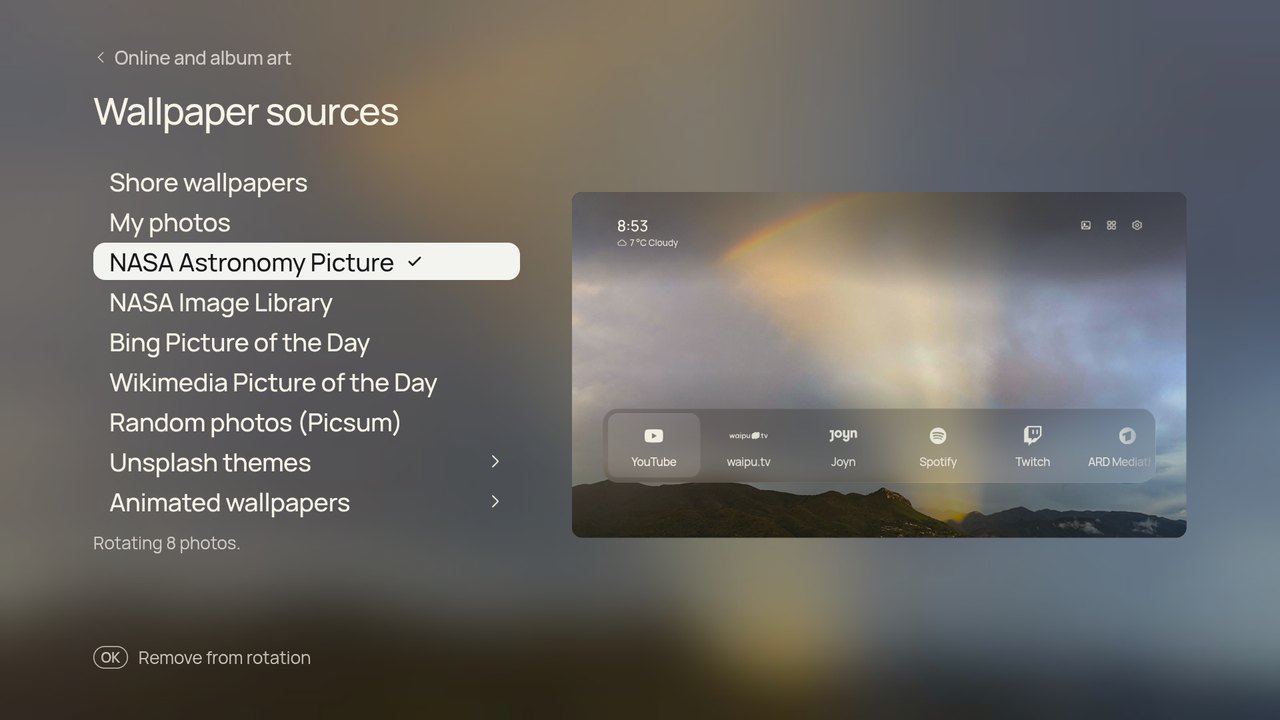 Wallpaper sources page with NASA, Bing, Wikimedia and other sources ticked
