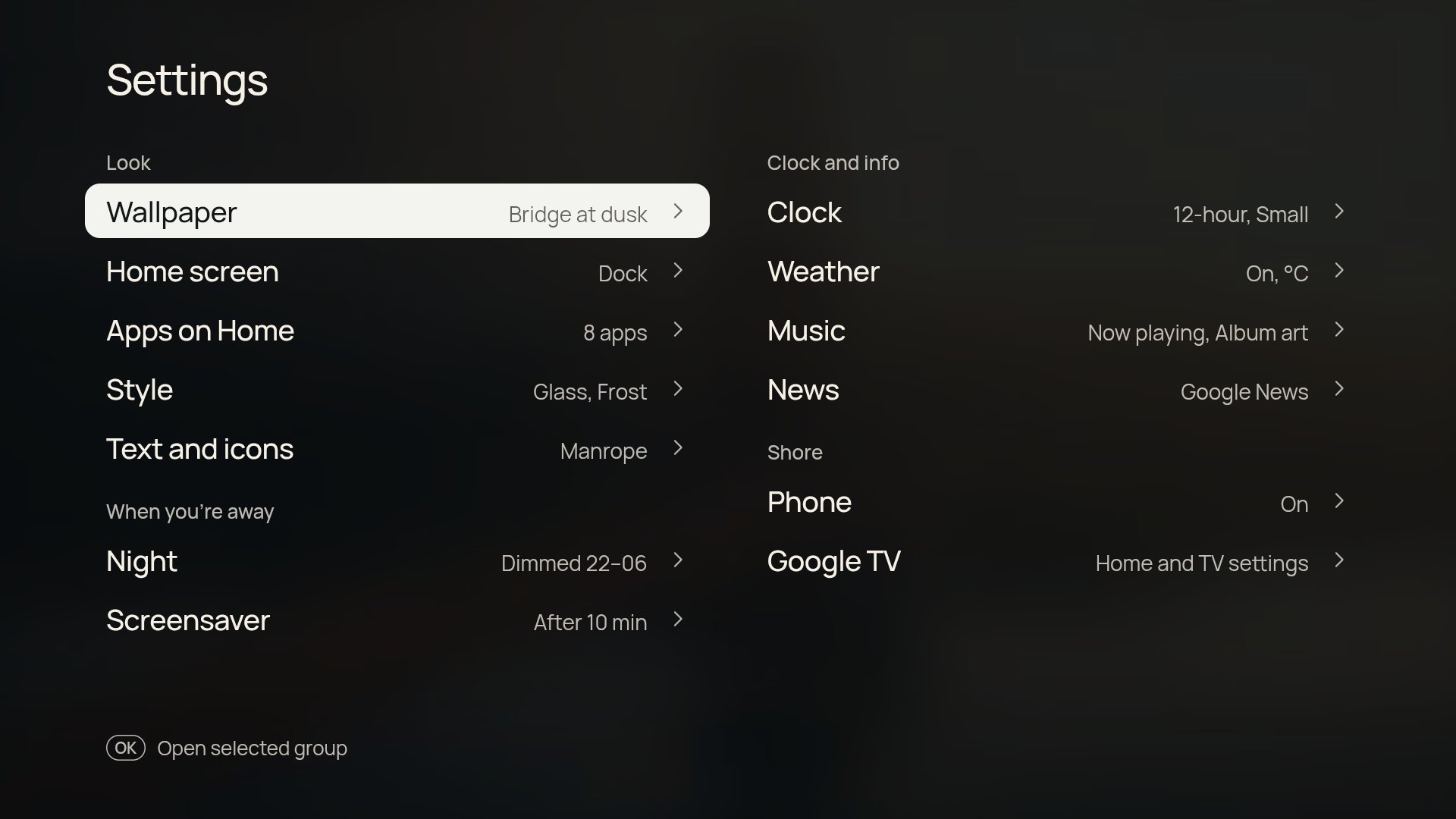 Shore's settings in two columns: Look, When you're away, Clock and info, and Shore