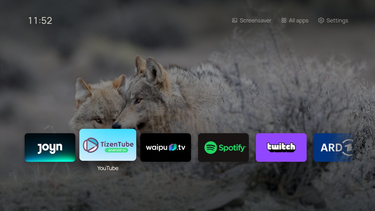 Shelf layout: a row of colourful app banners over a photo of two wolves