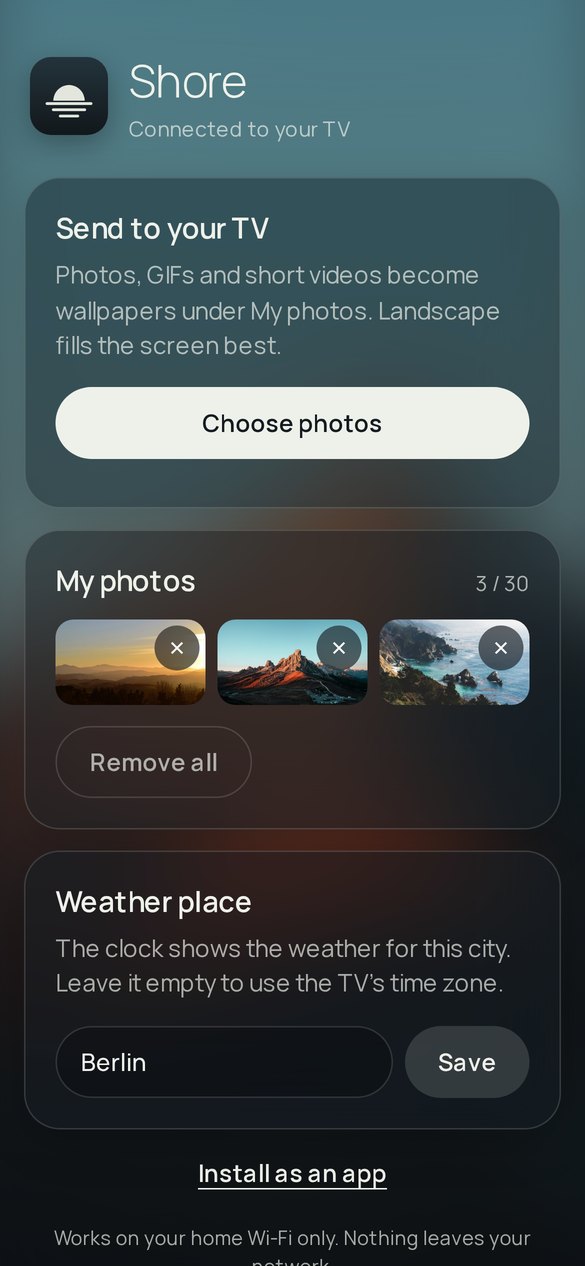 Shore Companion on a phone: send photos, my photos and the weather place