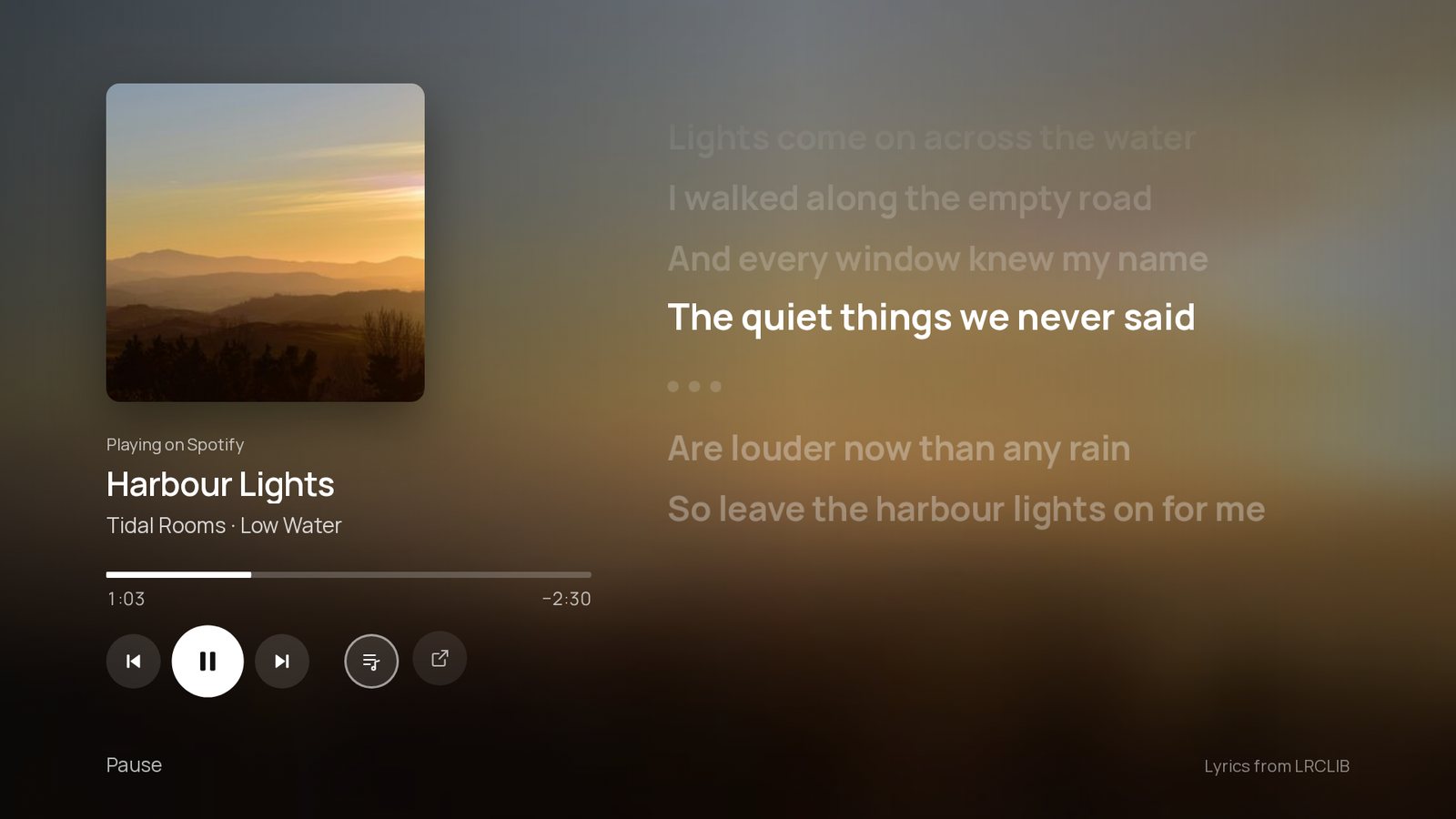 Shore's music view: an album cover, Harbour Lights by Tidal Rooms, a progress bar at 1:03, playback buttons, and synced lyrics with the current line in white