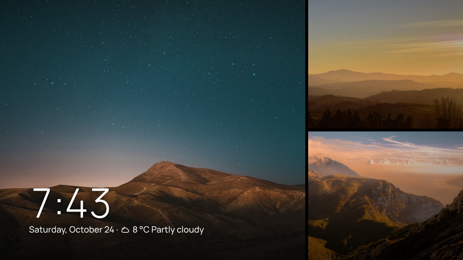 Screensaver mosaic of three mountain photos with 7:43 and 8 °C partly cloudy